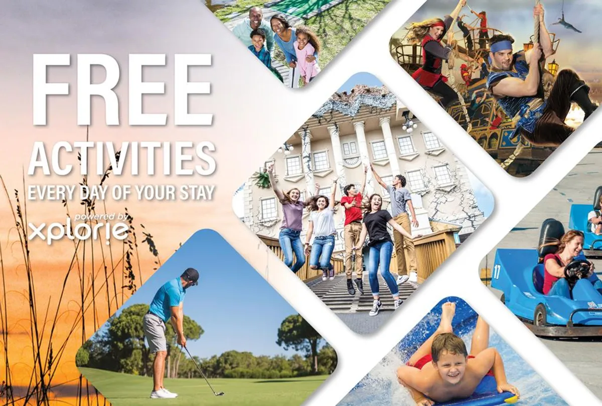 A vibrant collage depicting families and friends taking part in complimentary activities, from golfing and water sports to themed entertainment. Prominent text highlights the availability of free activities and daily fun.